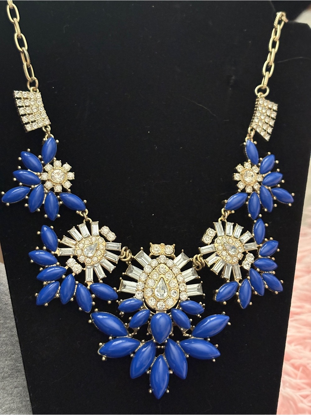 Runway Cobalt Blue Bib Statement Necklace WITH Rhinestones EUC